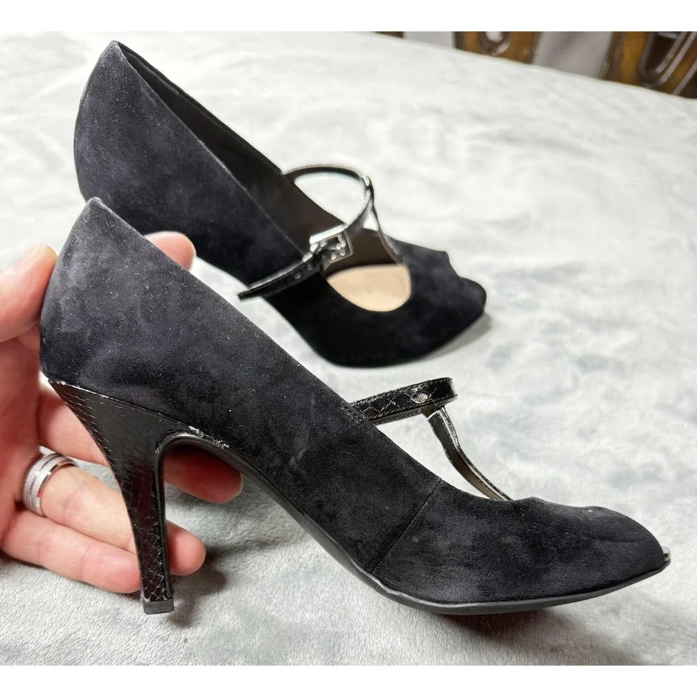 Franco Sarto Shoes Womens Size 7 Black‎ Suede T Strap Peep Toe Mary Jane Heels